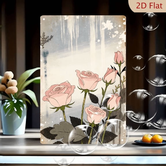 Vintage Grunge Pink Roses Wall Art 8x12 Inches, Vertical Metal Tin Sign Featuring Pale Pink Bouquet with Green Stems on Muted Blue Grey Cream Background, Rustic Floral Decor for Home Kitchen