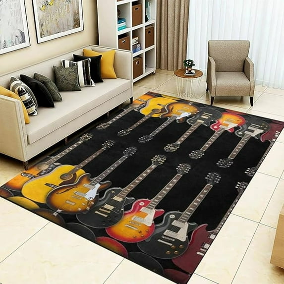 Vintage Guitar Black Area Rug, Guitar Music Lover Non Slip Living Room Rugs, Breathable Durable Carpet For Indoor Bedroom Conference Room Office Decor Rug 4x6ft