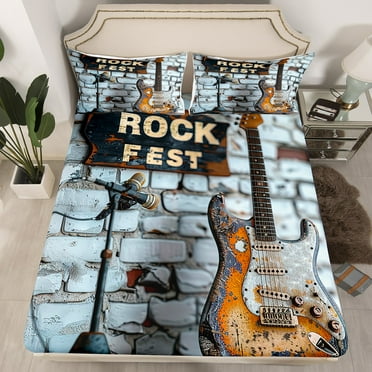 Vintage Guitar Fitted Sheet Twin Size,Country Musical Instrument Bedding Set Teens Adult,Rustic Farmhouse Style Bed Sheets,Distressed Grey Orange Sheets（No Top Sheet）