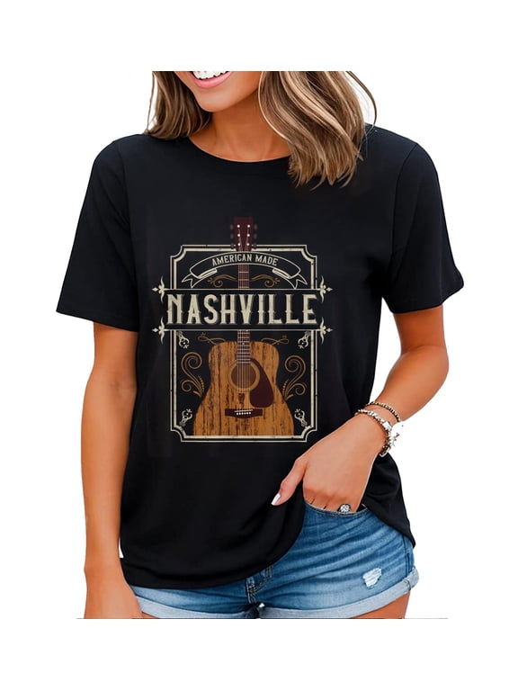 Vintage Guitar Graphic Nashville Tennessee Womens T-Shirt Black Medium