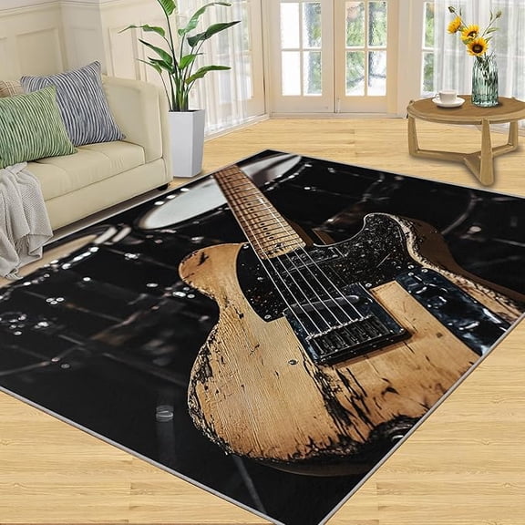 Vintage Guitar Rugs for Bedroom, Music Guitar Area Rug, Rock Instruments Rugs for Living Room, Indoor Non-Slip Rug, Machine Washable Carpet for Front Entrance Floor Decor 5 x 8ft
