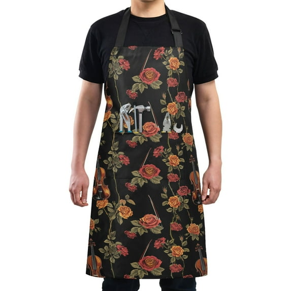 Vintage Guitar and Rose Kitchen Apron with 2 Pockets Adjustable waterproof Cooking Aprons for Women Men Chef