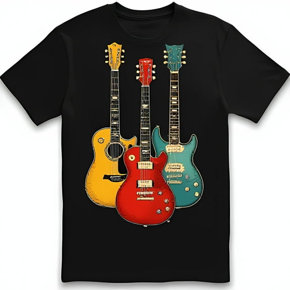 Vintage Guitars Graphic Black T-Shirt for Music Lovers Rock & Roll Style