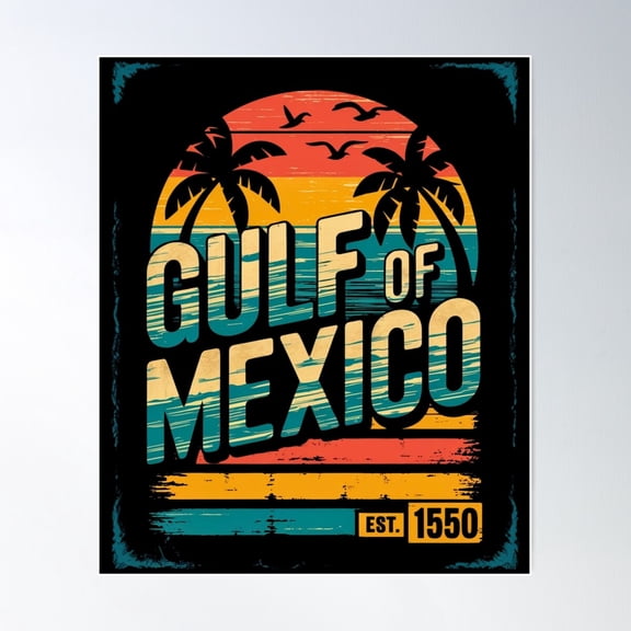 Vintage Gulf Of Mexico Retro Beach Sunset Coastal Aesthetic Poster Wall Art, Modern Wall Decor For Living Room Bedroom, 12x18 UNFRAMED