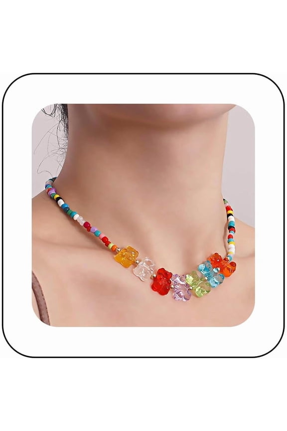 Vintage Gummy Bear Pendant Necklace Rainbow Seed Bead Teddy Bear Choker Necklaces Colorful Acrylic Bear Necklace Chain Rice Bead Necklaces Jewelry for Women