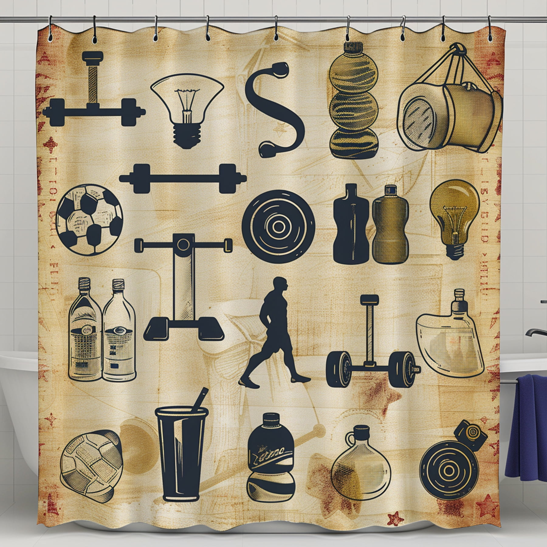 Vintage Gym Fitness Icons Shower Curtain Dumbbells Kettlebells Yoga