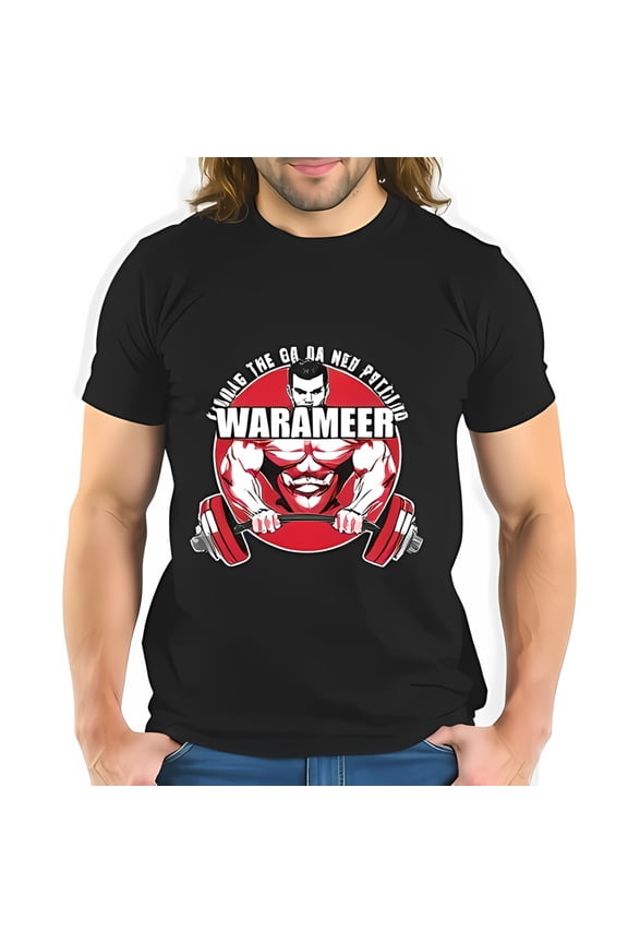 Vintage Gym Style Cotton Short Sleeve T-Shirt with Muscular Figure Lifting Barbell & Bold Red Circle Design - Perfect for Fitness Enthusiasts