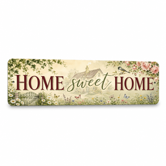 Vintage "HOME SWEET HOME" Botanical Cottage Metal Sign - 15"x 5" Welcome Wall Decor for Homeowners & House-Warming Gift Givers