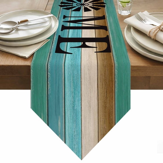 Vintage HOME Table Runner 90 Inches Long Retro Blue Brown Wood Grain Farm Windmill Table Runners for Dining Room Tabletop Dresser Scarf Home Party Banquet Wedding Holiday Decoration