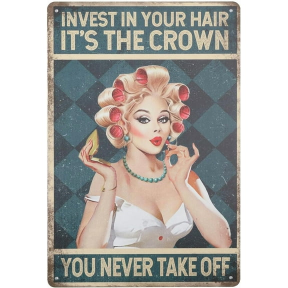 Vintage Hair Salon Tin Sign Funny Barber Shop Wall Decor 8x12 Inch Aluminum Metal Poster with Retro Hairstyling Lady Artwork for Home Bar Cafe Salon Man Cave Garage Decor Funny Gift Idea