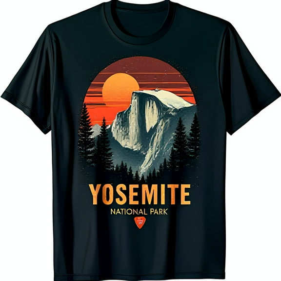Vintage Half Dome Sunset Illustration Black T-Shirt Yosemite Park Design