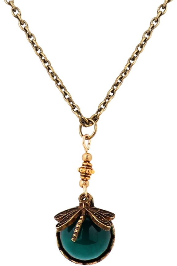 Vintage Half Spherical Green Created Emerald Crystal Gemstone Dragonfly Necklace Statement Jewelry Gift for Women