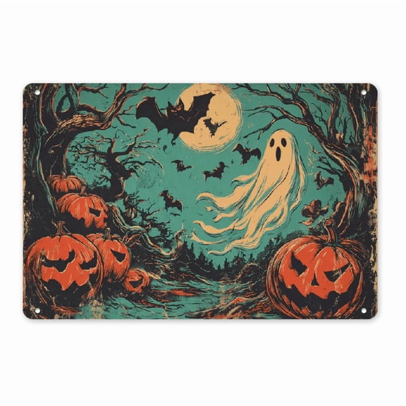 Vintage Halloween Aluminum Wall Sign - 8x12 Inch Spooky Pumpkin, Bat Decor for Home, Bar, or Party - Festive Orange Black Design with Full Moon and Eerie Trees, Halloween Decorations