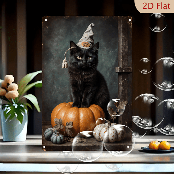Vintage Halloween Art 8x12in Metal Wall Decor, Fluffy Black Cat on Orange Pumpkin with Witch Hat and "22" Patch, Autumn Gourds & Leaves, Rustic Cozy Seasonal Home Wall Painting