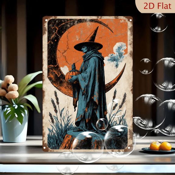 Vintage Halloween Art Print 8x12in, Wizard on Stump with Glowing Pumpkin & Cracked Moon, Rusty Sky Distressed Metal Wall Decor for Home Office