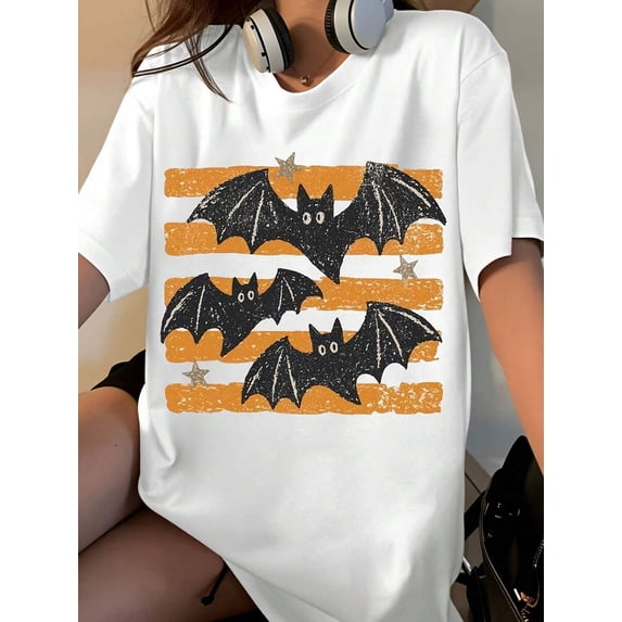 Vintage Halloween Bat Graphic T-Shirt Women's Cute Retro Striped Short Sleeve Top For Autumn Festival Party Outfit