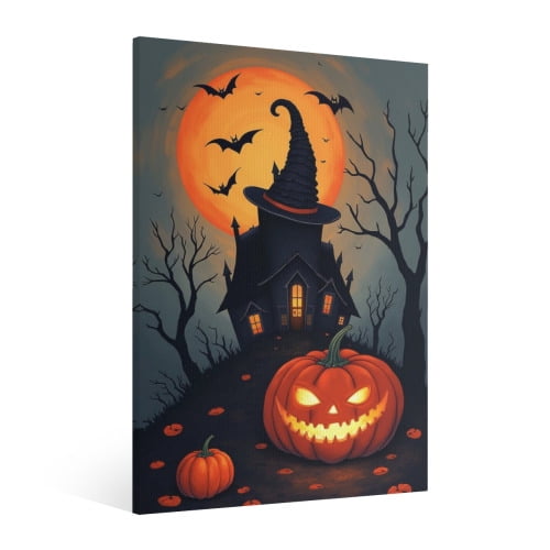 Vintage Halloween Bat and Pumpkin Lantern Canvas Wall Art Painting ...