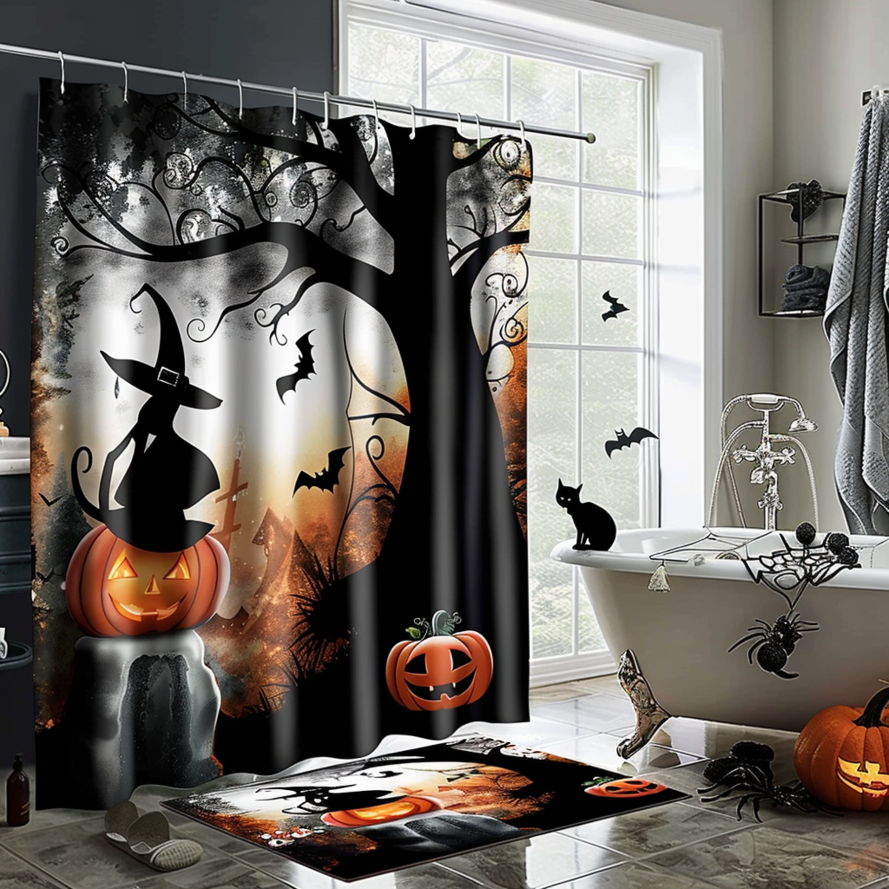 Vintage Halloween Bathroom Decor Set with Witch & Pumpkin Design Cat ...
