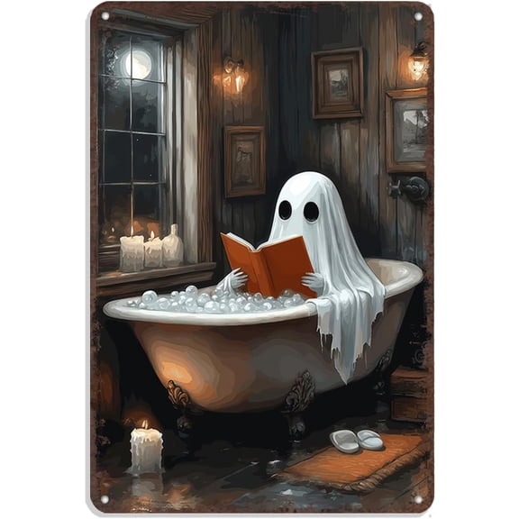 Vintage Halloween Bathroom Metal Wall Sign, Ghost Reading in Bathtub, Gothic Dark Academia Bath Decor, Retro Aluminum Art Print, 8 x 12 Inch
