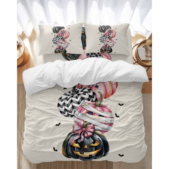 Vintage Halloween Bedding Duvet Cover Set Full Size 4 Pieces Pumpkin Bat Bow Decoration Bedding Set with Zipper Closure, 1 Comforter Cover 86x86 Inches 1 Flat Sheet & 2 Pillow Cases