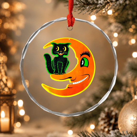 Vintage Halloween Beistle Cat on the Moon Horror Ornament, Pet Lover Holiday Gift, Circle Glass Ornament