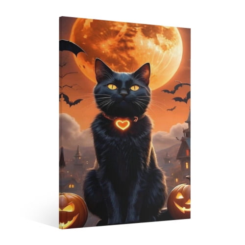 Vintage Halloween Black Cat and Bats Canvas Wall Art Painting, Retro Horror Creepy Dark Poster,Gothic Artwork Picture Print Decor, Spooky Ghost Wall Decor for Bar Living Room Bedroom Party Framed ﻿