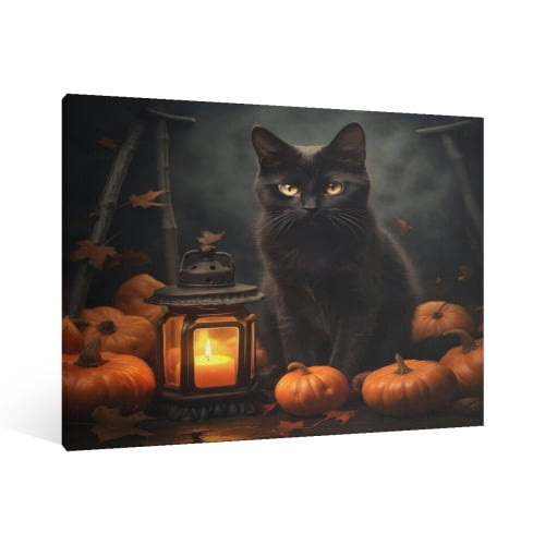 Vintage Halloween Black Cat Canvas Wall Art Painting ，Gothic Print ...