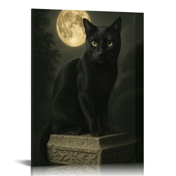 Vintage Halloween Black Cat Canvas Wall Art Painting,Gothic Print Pictures for Home Wall Decor Horror Creepy Dark Posters for Living Room Home Halloween Party Decor Framed