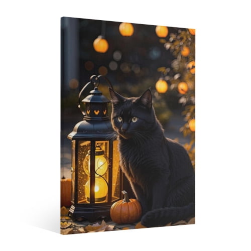 Vintage Halloween Black Cat Canvas Wall Art Painting, Retro Horror ...