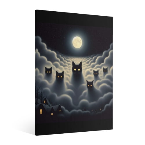 Vintage Halloween Black Cat Canvas Wall Art Painting, Retro Horror Creepy Dark Poster, Halloween Gothic Artwork Picture Print Decor, Spooky Ghost Wall Decor for Bar Living Room Bedroom Party Framed