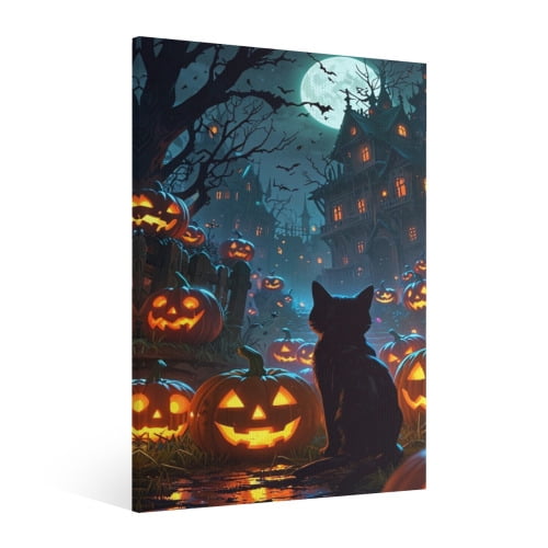 Vintage Halloween Black Cat Canvas Wall Art Painting, Retro Horror Creepy Dark Poster, Halloween Gothic Artwork Picture Print Decor,Spooky Ghost Wall Decor for Bar Living Room Bedroom Party Framed 