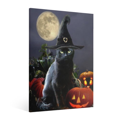 Vintage Halloween Black Cat Canvas Wall Art Painting, Retro Horror Creepy Dark Poster, Halloween Gothic Artwork Picture Print Decor,Spooky Ghost Wall Decor for Bar Living Room Bedroom Party Framed 