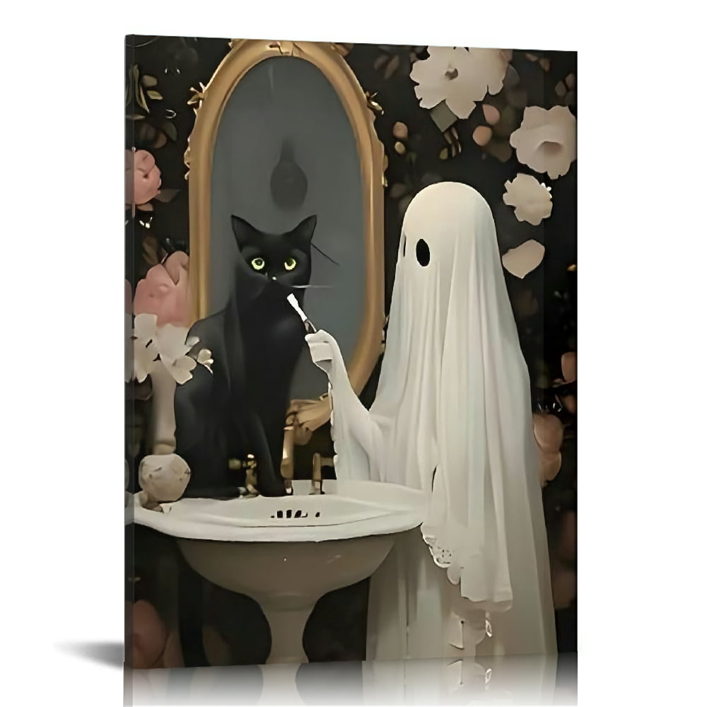 Vintage Halloween Black Cat and Ghost Canvas Wall Art Painting,Gothic ...