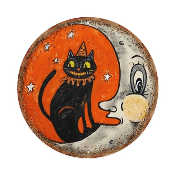 Vintage Halloween Black Cat Moon Metal Sign, Retro Spooky Wall Art, Durable Aluminum Plaque for Home & Porch