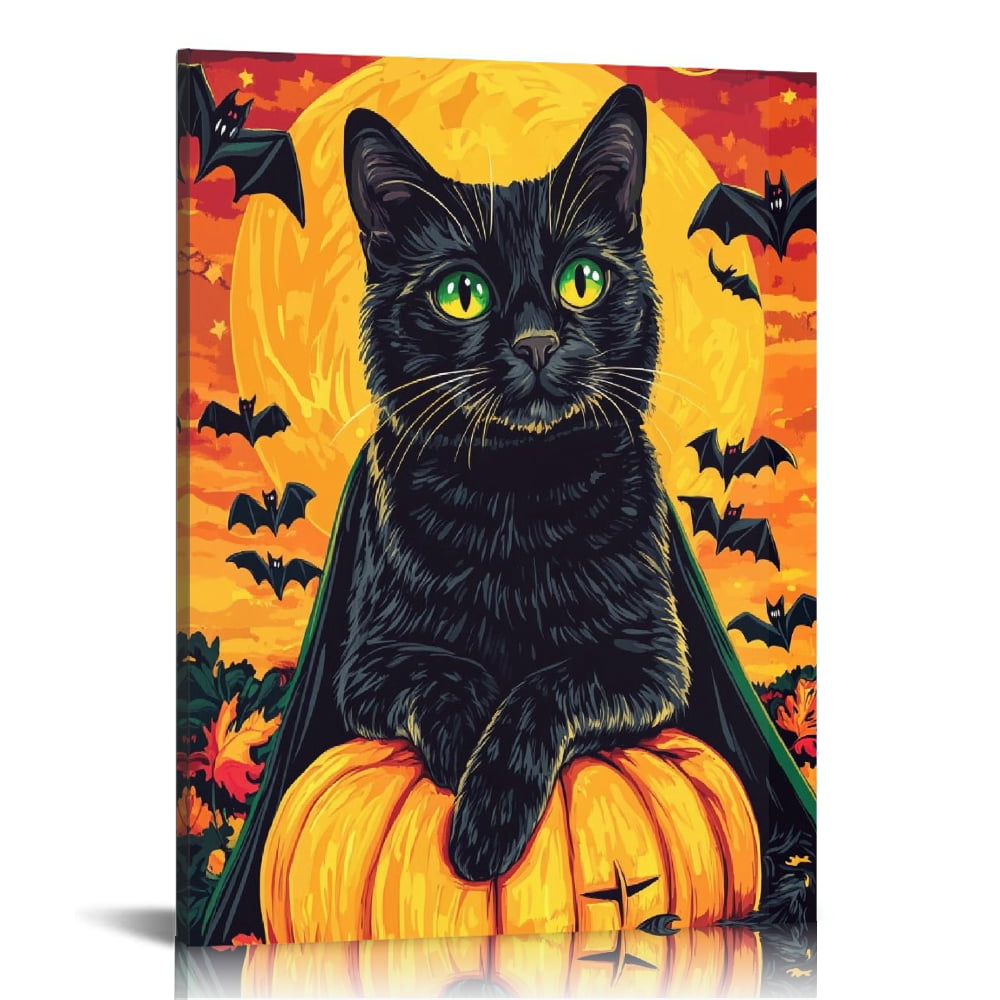 Vintage Halloween Black Cat and Pumpkin Canvas Wall Art Painting,Gothic ...