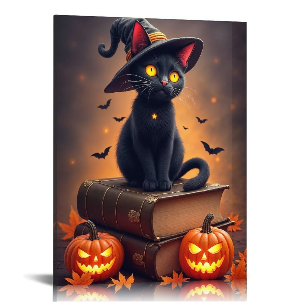 Vintage Halloween Black Cat and Pumpkin Canvas Wall Art Painting,Gothic ...