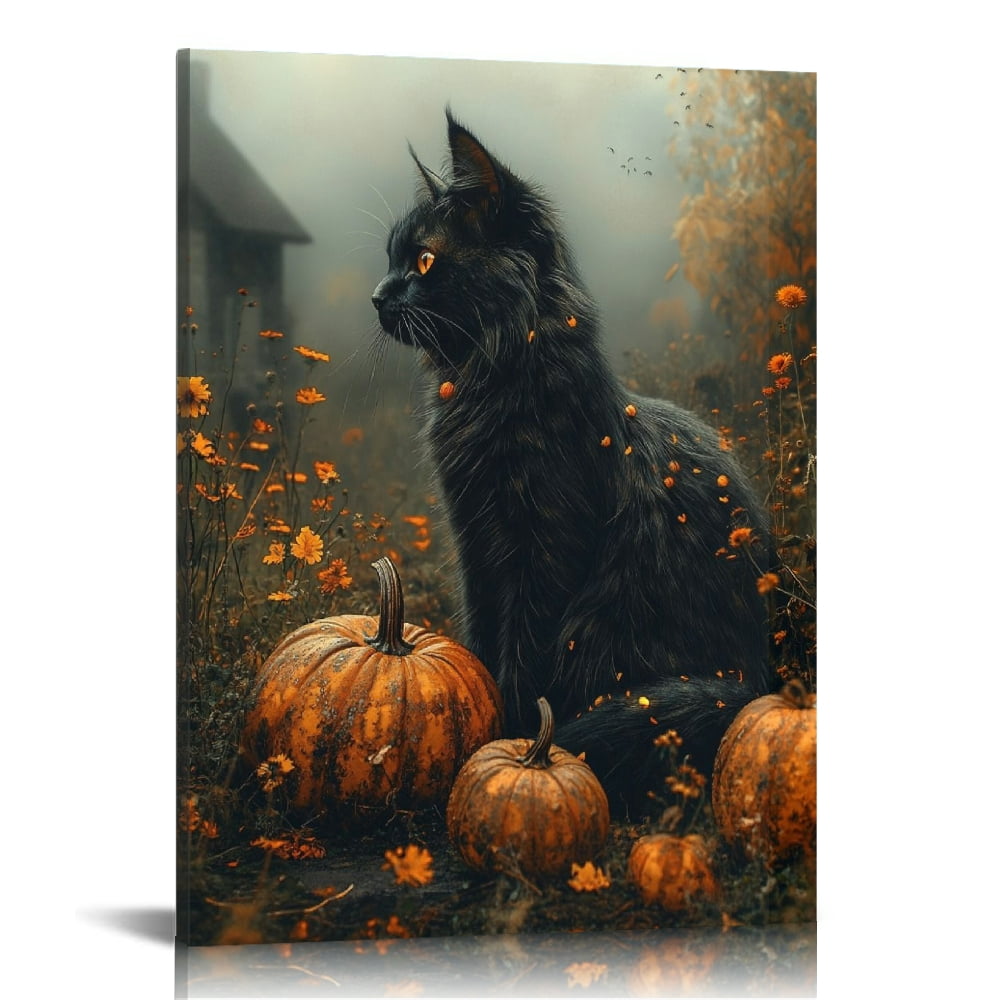 Vintage Halloween Black Cat and Pumpkin Canvas Wall Art Painting,Gothic ...