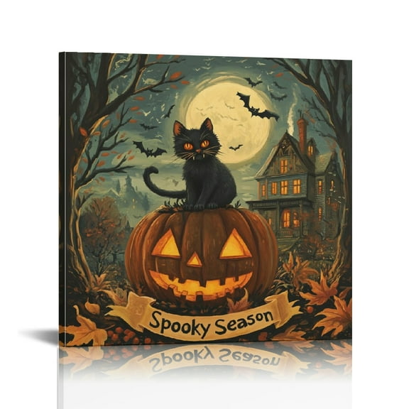 Vintage Halloween Black Cat and Pumpkin Canvas Wall Art Painting,Gothic Print Pictures for Home Wall Decor Horror Creepy Dark Posters for Living Room Home Halloween Party Decor Framed