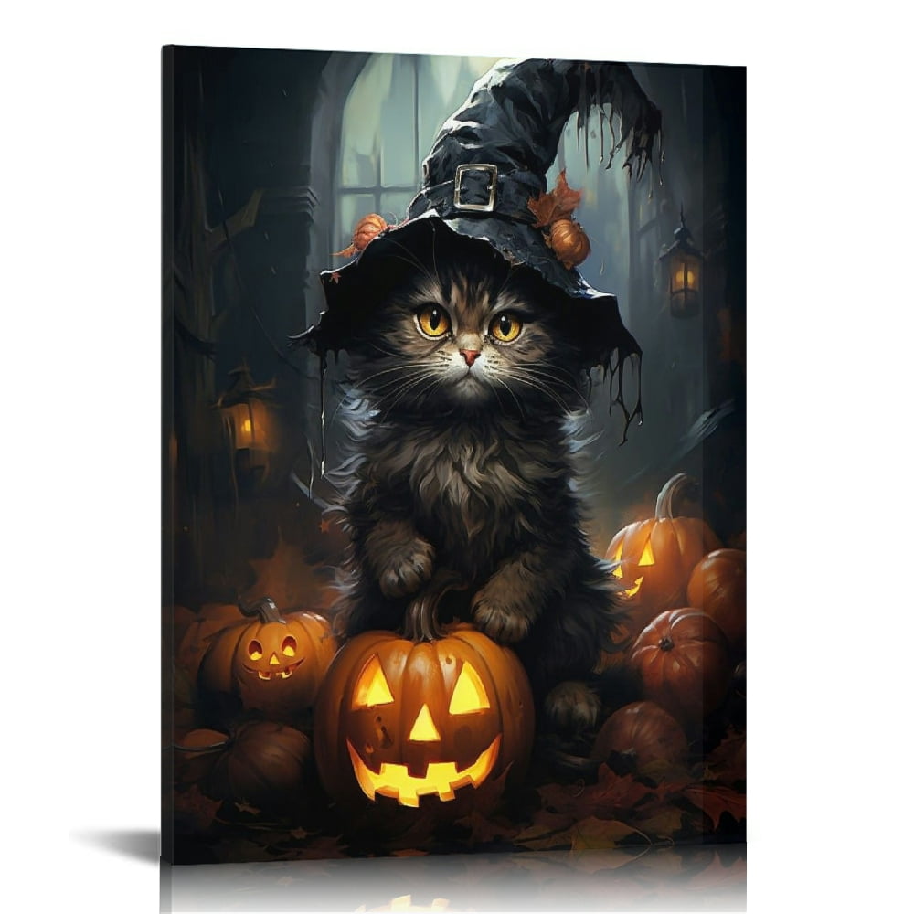 Vintage Halloween Black Cat and Pumpkin Canvas Wall Art Painting,Gothic ...