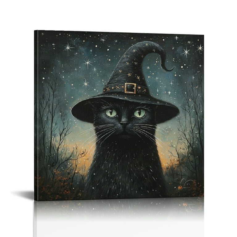 Vintage Halloween Black Cat and Pumpkin Canvas Wall Art Painting
