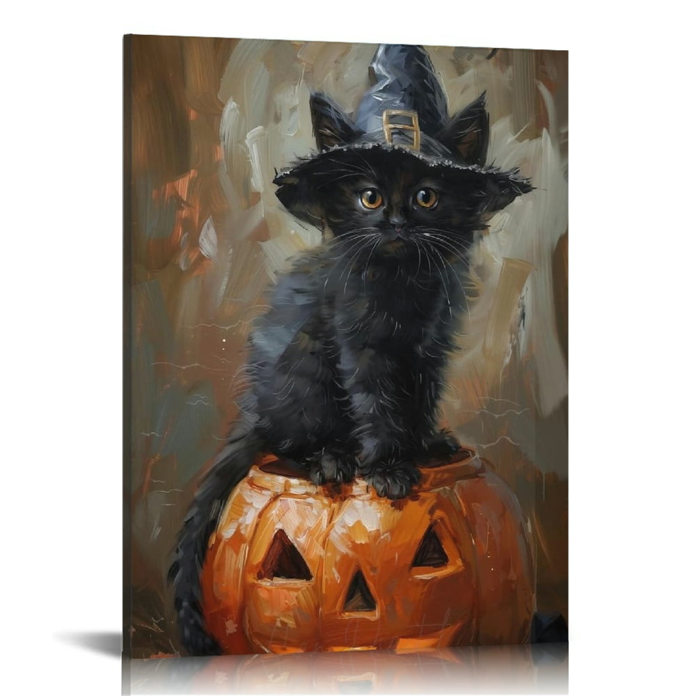 Vintage Halloween Black Cat and Pumpkin Canvas Wall Art Painting,Gothic ...