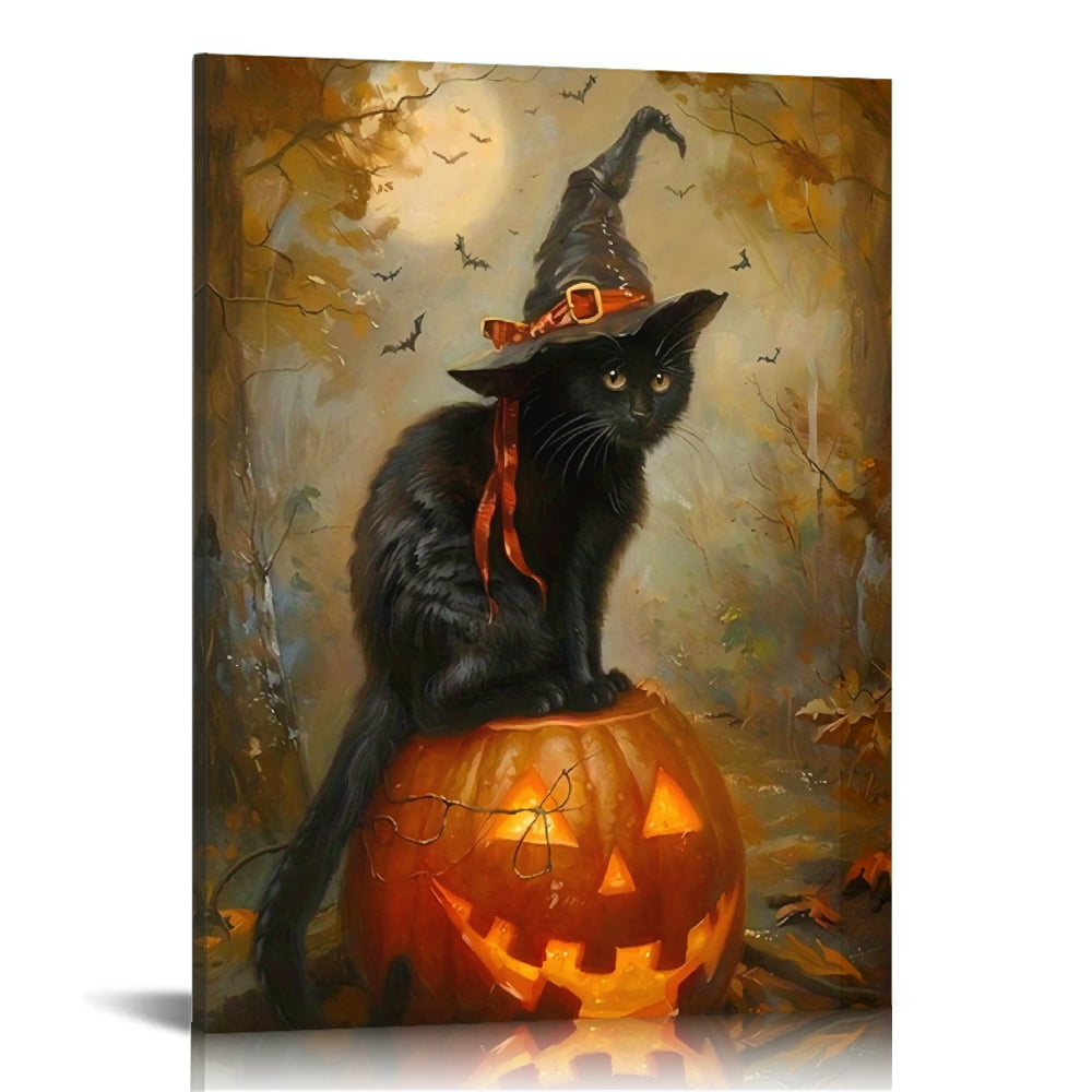 Vintage Halloween The Black Cat on the Pumpkin Lantern Canvas Wall Art ...
