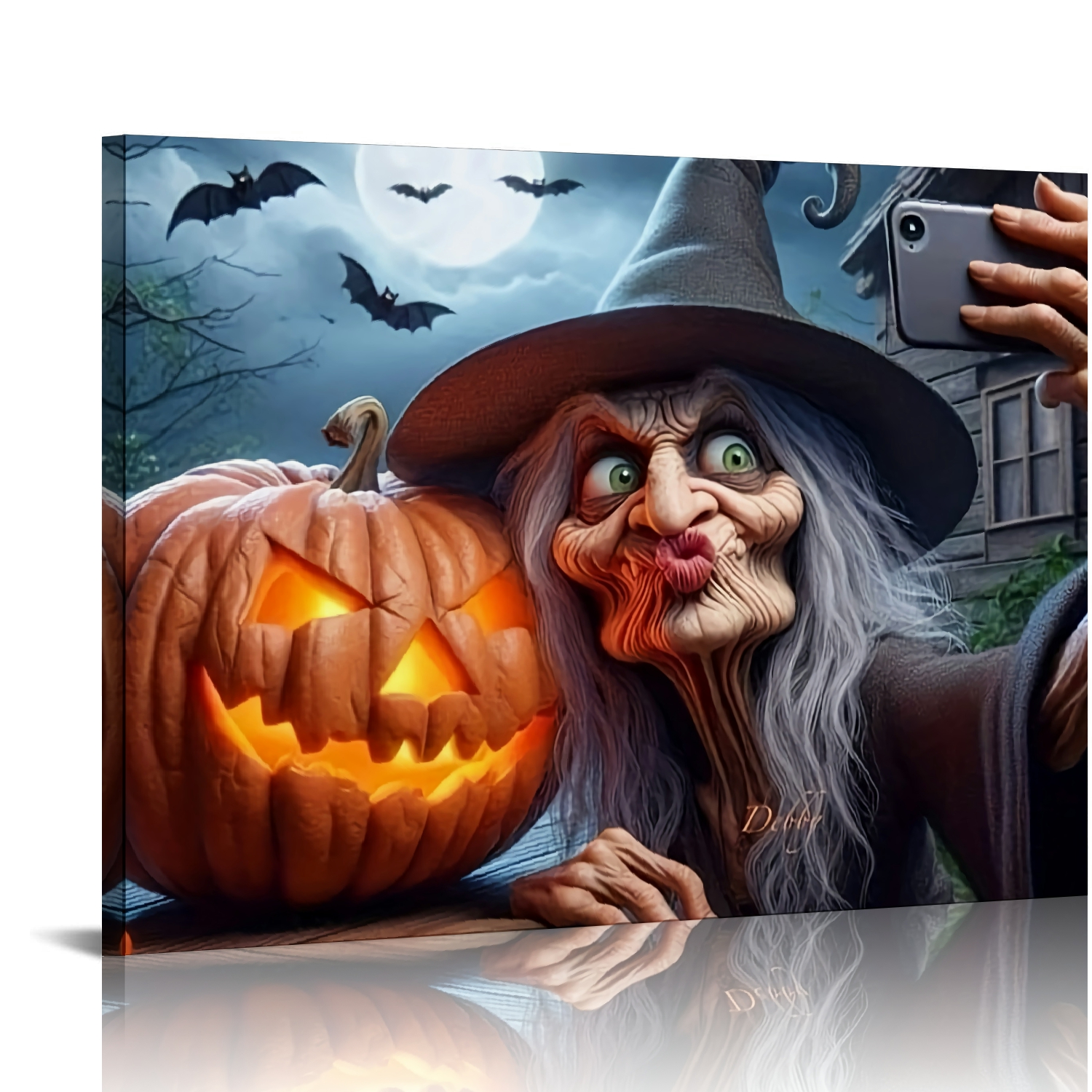 Vintage Halloween Black Cat Witch and Pumpkin Canvas Wall Art Painting ...