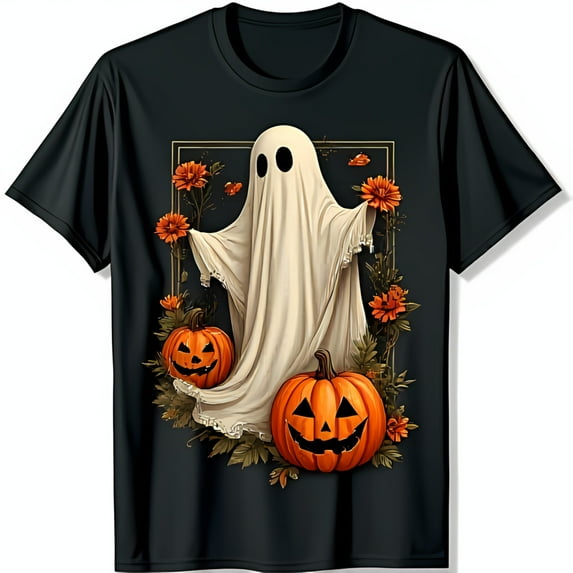 Vintage Halloween Black T-Shirt with Friendly Ghost Pumpkins & Flowers