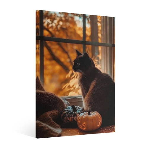Vintage Halloween Black cat, pumpkin Canvas Wall Art Painting,Horror Creepy Dark Poster,Gothic Artwork Picture Print Decor, Spooky Ghost Wall Decor for Bar Living Room Bedroom Party Framed