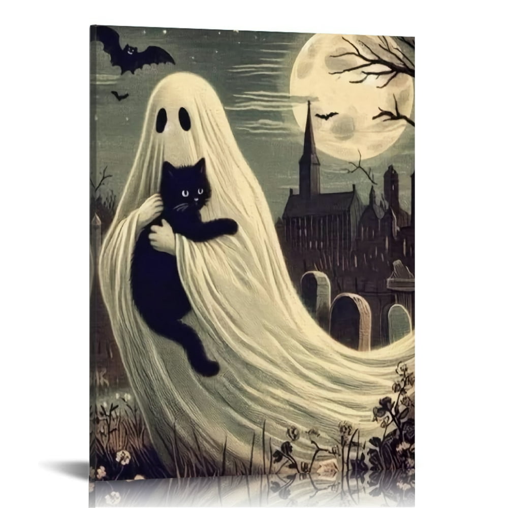 Vintage Halloween Black cats and ghosts in the cemetery Canvas Wall Art ...