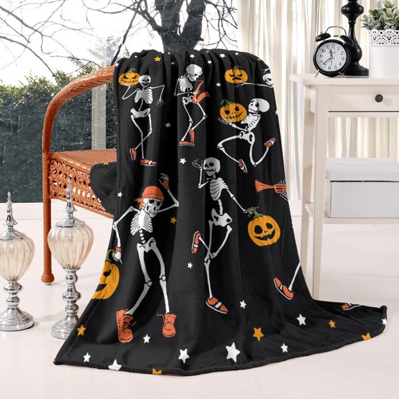 Vintage Halloween Blanket 50x60 Inches - Spooky Ghost Pumpkin Witch Black Cat Design Soft Plush Microfiber Throw