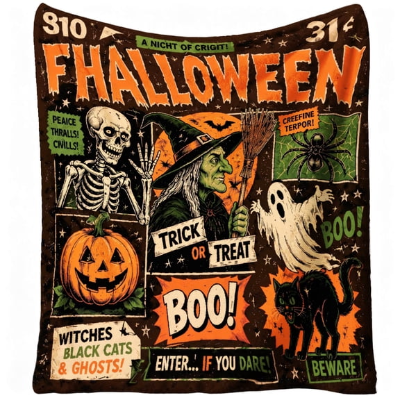Vintage Halloween Blanket - Spooky Witch, Skull & Pumpkin Throw Blankets Cozy Soft Flannel Fleece for Sofa, Couch, Chairs and Bed, Spooky Home Decor