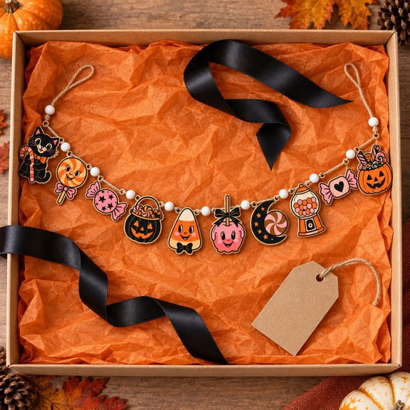 Vintage Halloween Candy Ornament Wooden Garland Mantel Party Decor