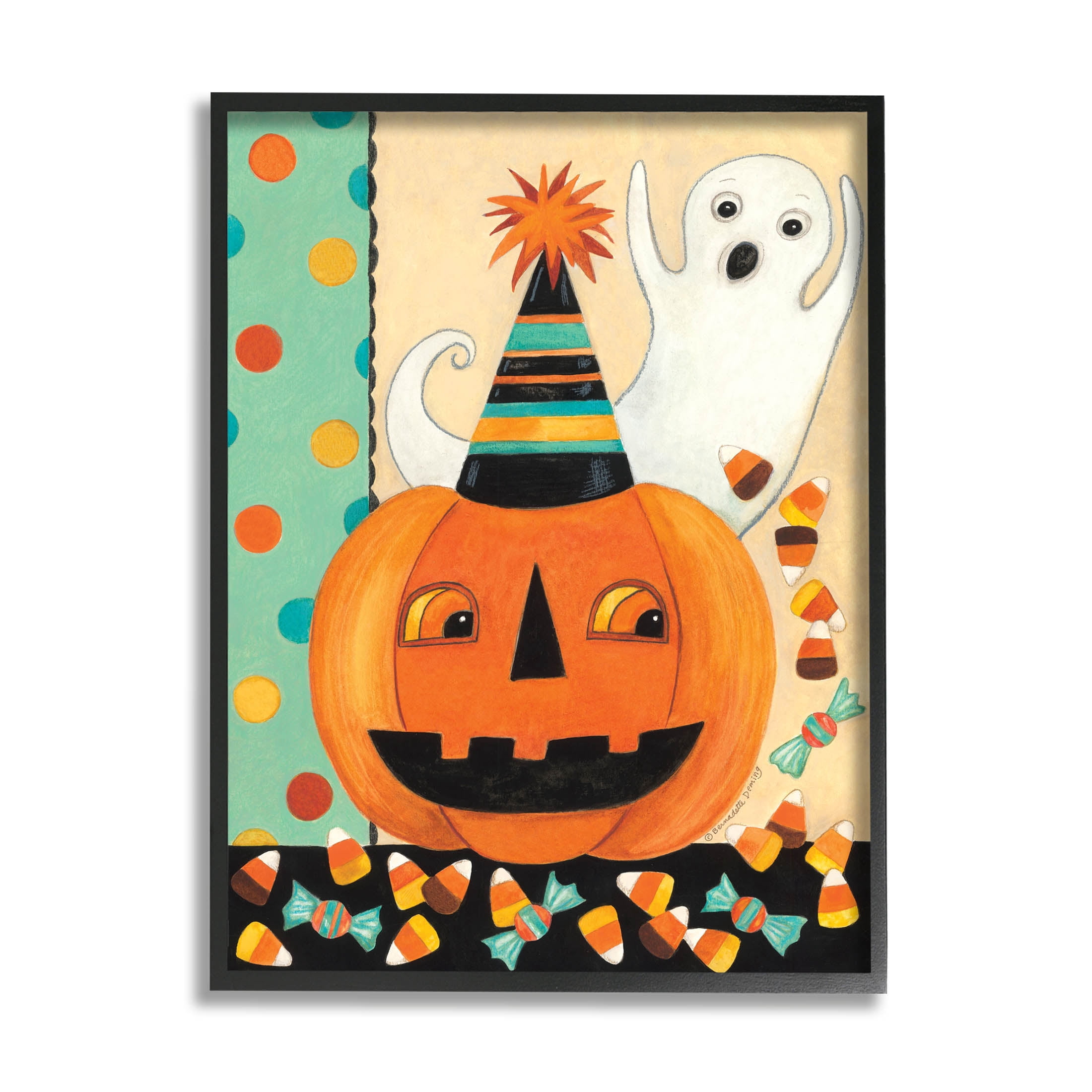Vintage Halloween Candy Pattern Holiday Graphic Art Black Framed Art Print Wall Art